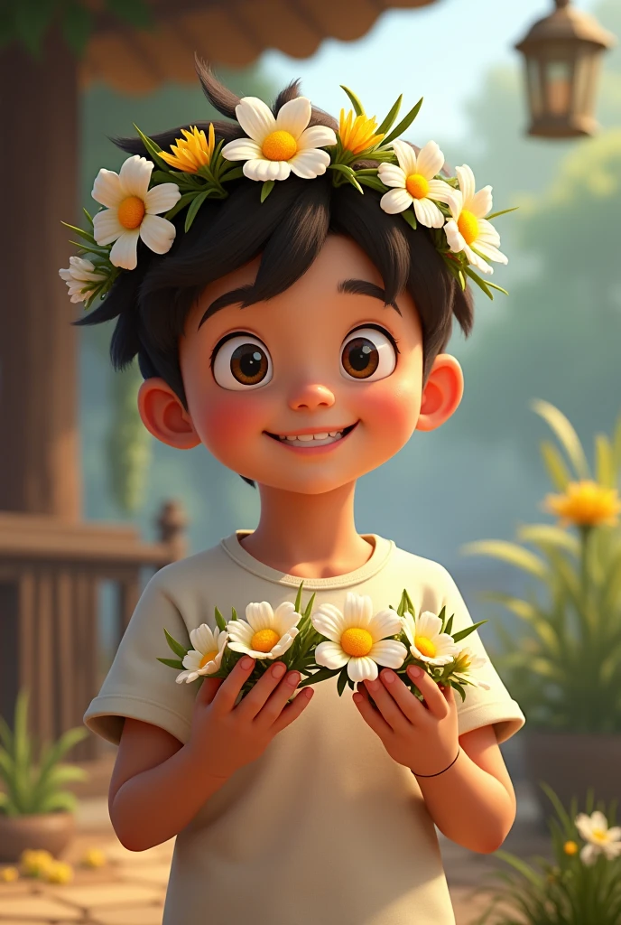 Young boy selling handmade white and yellow flower crowns. One on his head and one in his hand. He is smiling