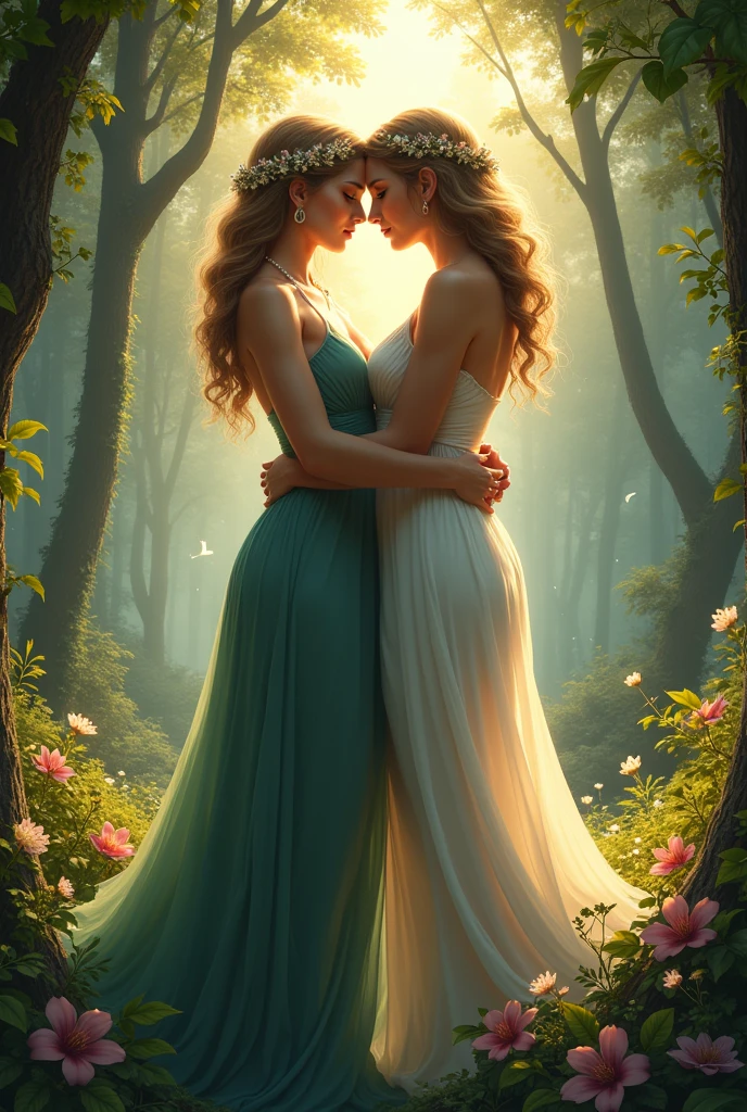 Two lesbian greek goddess in the forest 
