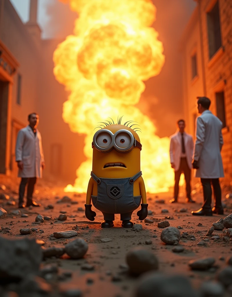 A ruined laboratory with scientists looking on, with smoke and small fires rising from the debris. Minion Kevin steps out of the burning fire, with a determined face and dust on his body, safe from the center of the explosion. The ground around Kevin cracked., but he still stood firm.