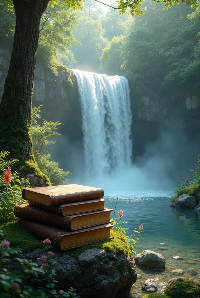 Books and waterfall 