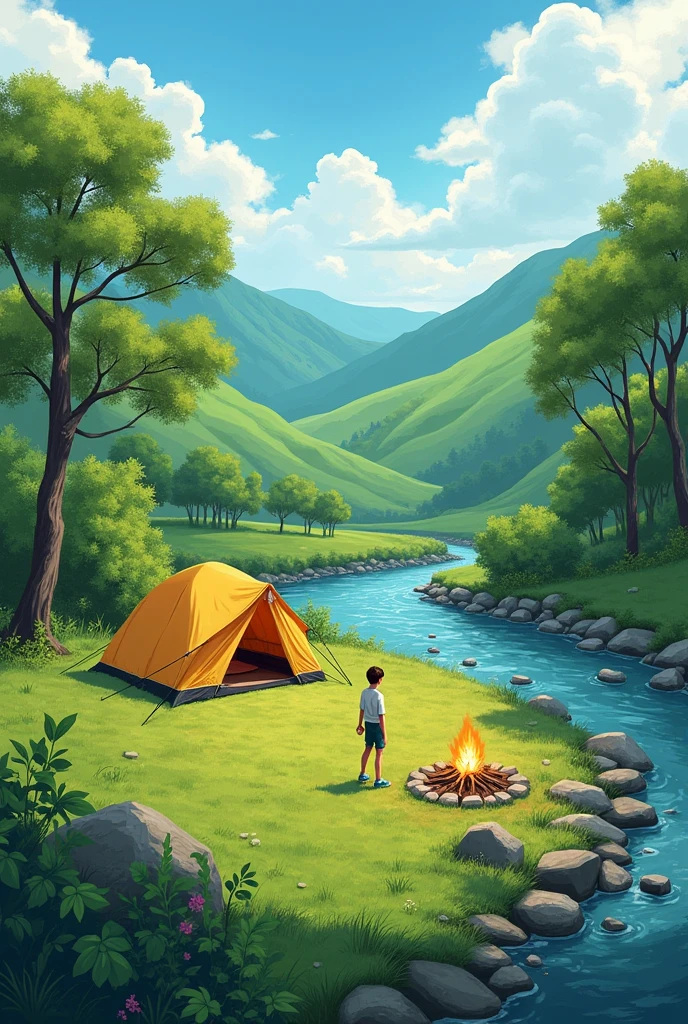 High quality realistic illustration of a camp with a tent in a valley , in a field with vegetation and grass where you can see on the right side a part of a large river with stones on its edge and molle trees, Sauces, alder and eucalyptus, etc around, with green hills and with a young man from the Pathfinders Club of the Seventh-day Adventist Church, and a bonfire on the side 