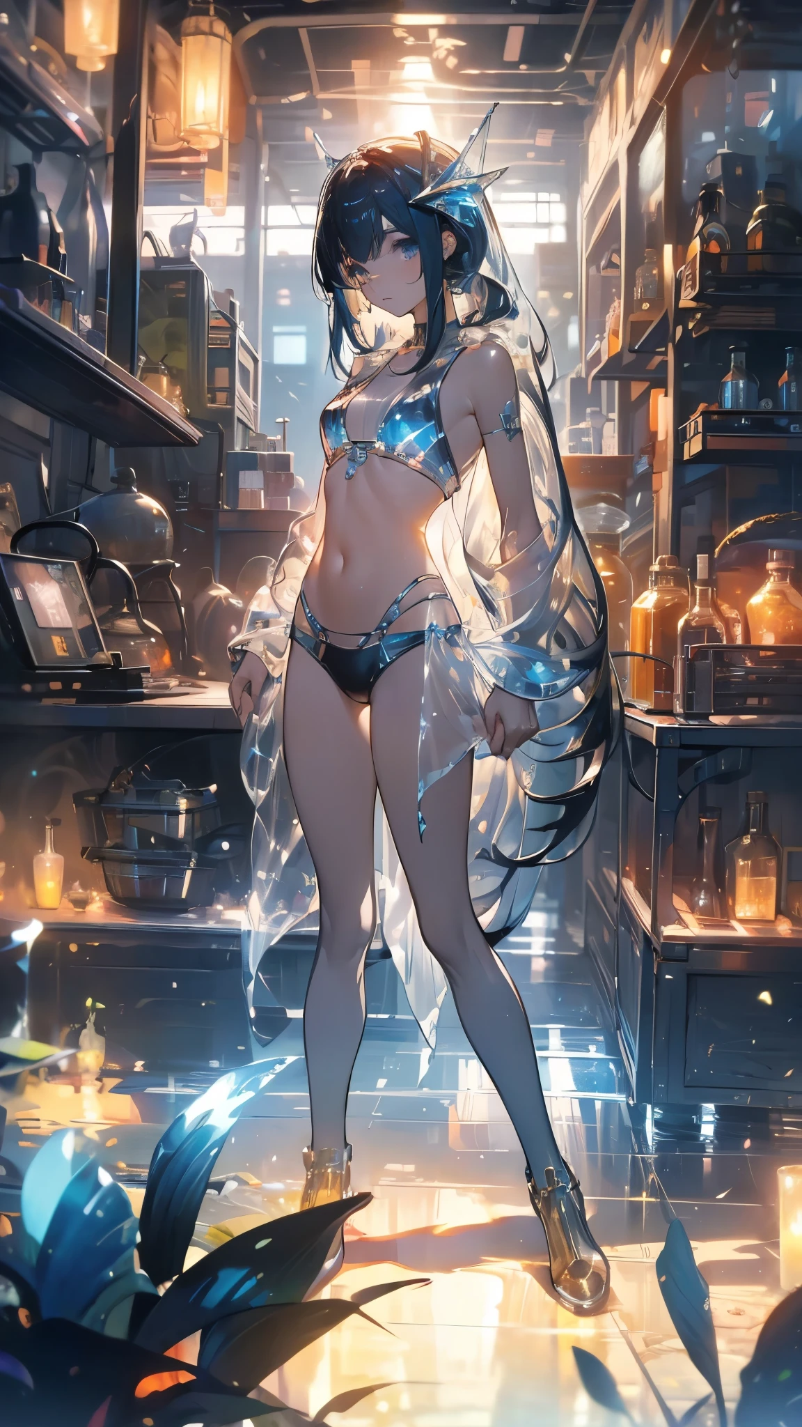 ((masterpiece, best quality)), Epic battlefield atmosphere,Delicate face,whole body,Standing picture,Fish girl in a sci-fi translucent mechanical bikini,Bikinis are transparent,shiny