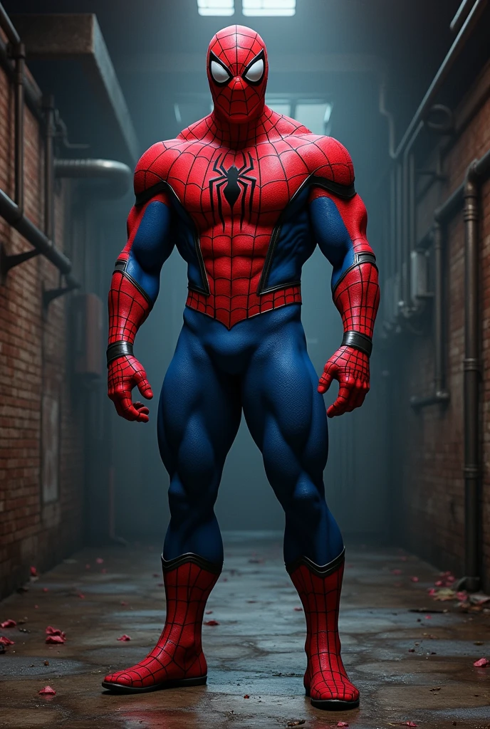 Muscular Spiderman in a room.