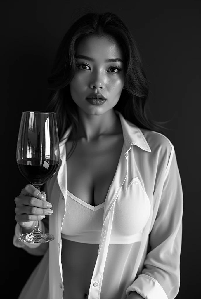 (solo, full body photo:1.3),black and white portrait, (close up) of a curvy Asian woman, seen to have sensual lips, long brown hair, wearing a white silk shirt with one on open, wearing a white tank top, posing dynamically, holding a wine glass, black plain wall background, abstract