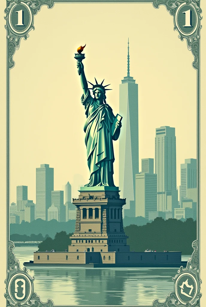 One dollar bill with the Statue of Liberty horizontally and similar to the original