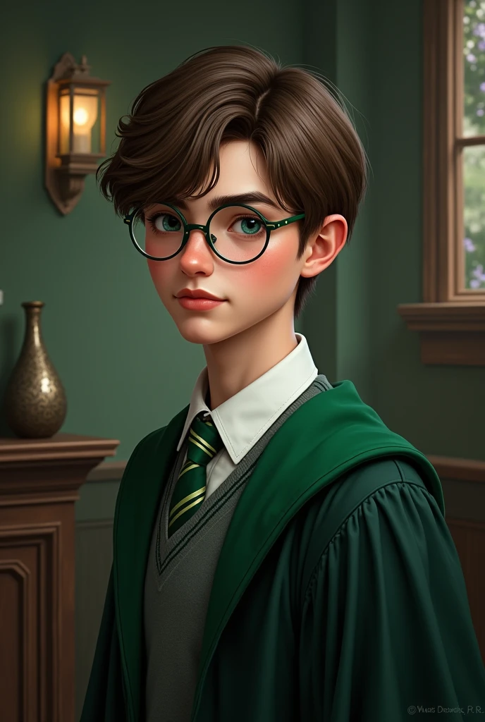 A 1 boy with short brown hair, blue eyes, glasses, a handsome face, fair skin, in Slytherin, and a good figure.