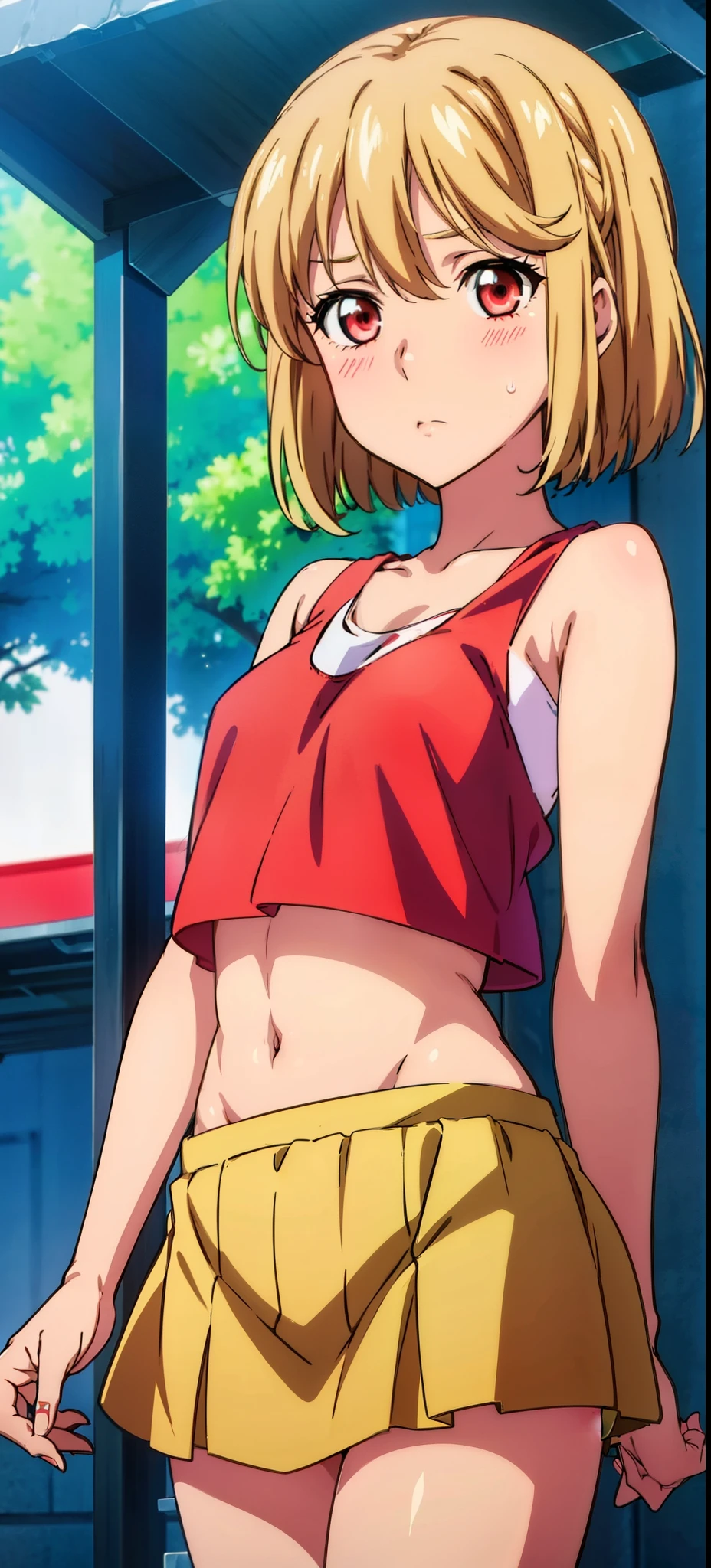 1 girl,Asagi, standing,masterpiece, cowboy_shot, red eyes, healthy skin, blushed, 20-year-old, street, cropped tank top, skirt, navel, midriff ,golden hair, 