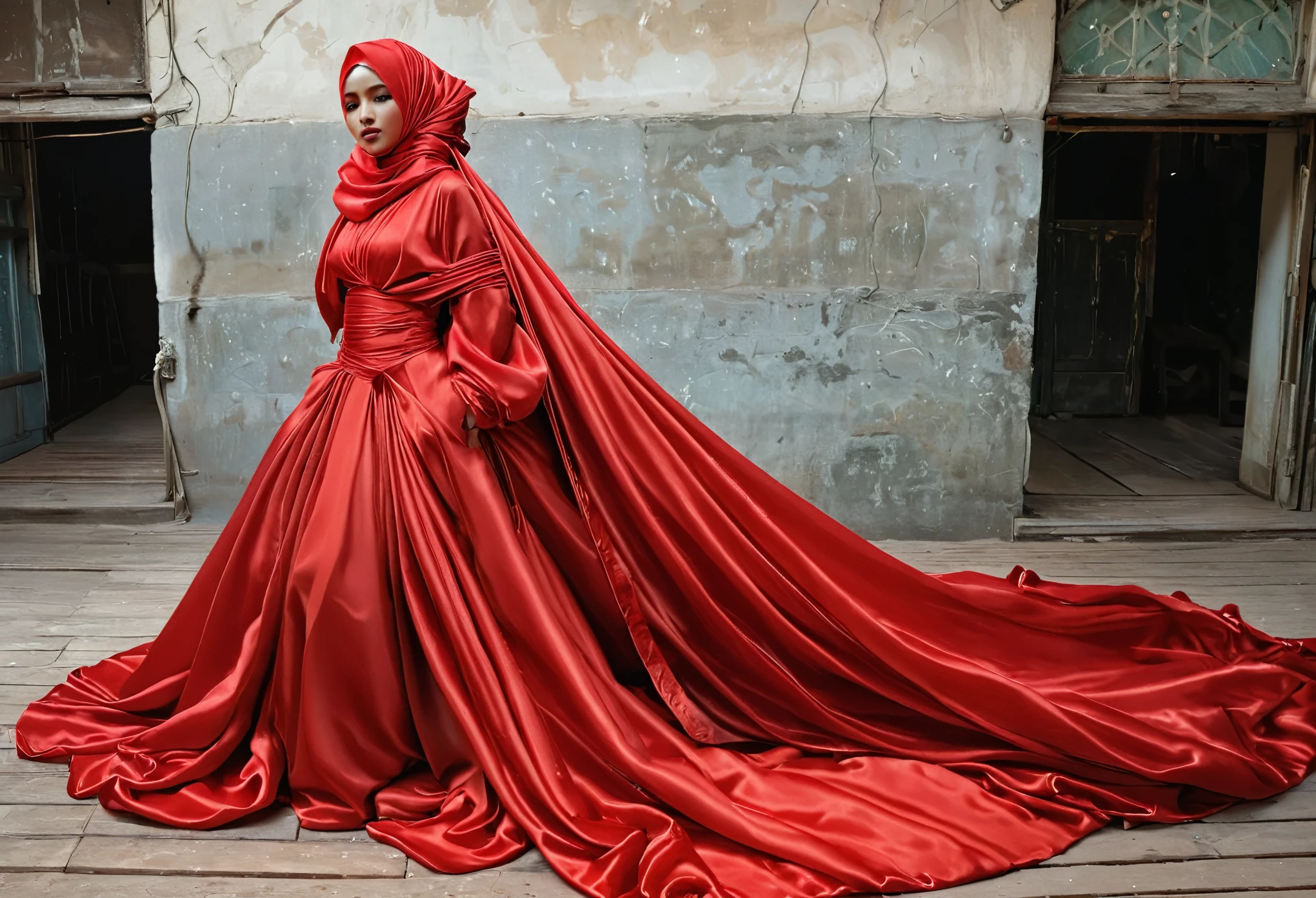 A woman shrouded in a 9-meter-long, plush red satin cloth, tightly bound and grandly draping along the form of her body, flowing off into a pooled floor-length train, styled in a mermaid-inspired outfit with ballon sleeve, her head modestly veiled in a satin hijab, 185 height woman, walk in wet traditional market, a full-body pose conveying a sense of elegance, captured in a 4k resolution, ultra-realistic