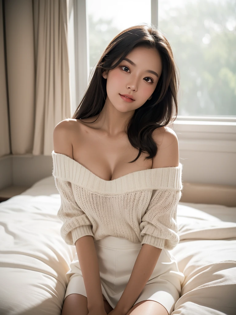 candid shot , looking at viewer, Girl , with long dark straight hair, wearing white cleavage off-shoulder sweater, on a bed in a sunlit bedroom , studio light filters , creates a clean, minimalist look, relaxing, happy , sunlight , white skirt,