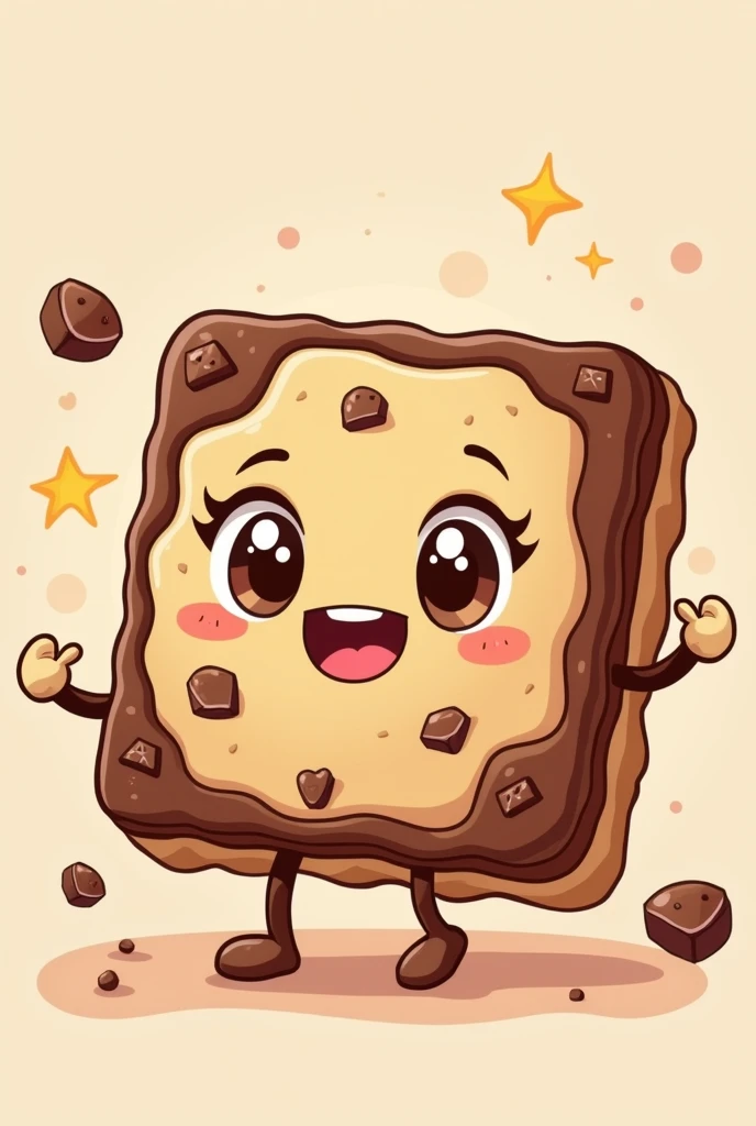 A friendly, eye-catching mascot, which is a square cookie surrounded by chocolate, cartoon style