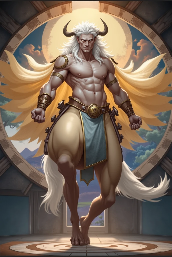 in greek mythology,Chiron is considered the smartest、The wisest centaur。Centaur&#39;s head and upper body are very similar to humans。They have human faces、hair and arms。Thick eyebrows,Sharp eyes,There is usually a roughness to it、wild temperament。The lower body is in the shape of a horse。They have four strong and powerful legs,have hooves。The tail is a thick ponytail。He is different from other savage and rough centaurs,But a learned man、empathic sage。full body view，fantasy anime characters，pastel painting，Colorful，Delicate brushwork，Japanese art，dynamic art，( perfect anatomy )masterpiece, best quality, Ultra-high resolution, (Very detailed),