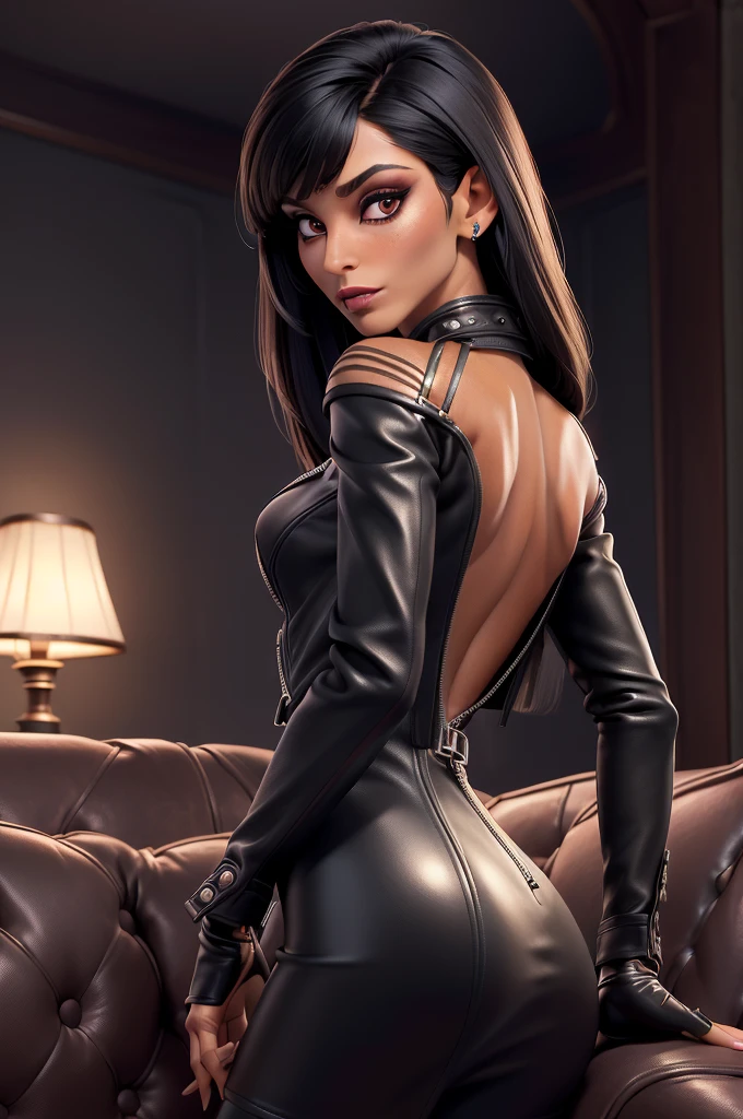 obra prima, melhor qualidade, ((only one woman,)) (((cher, dark tan skin, skinny face, high cheekbones, prominent beak nose, heavy vamp makeup eye shadow, long very straight black hair with bangs,))) ((wearing thigh length black metallic leather jacket,)) ((jacket is zipped up, jacket covers waist and ass,)) ((jacket has stiff high collar,)) ((leather dress,)) (leather gloves,) body is very skinny, (((behind couch,))) ((her arms are folded, her back is arched, her shoulders lean way back, head tilted way back,)) ((camera front view of body, extreme closeup view of upper body,)) shallow depth of field, highres, HD, 8k, anatomically correct