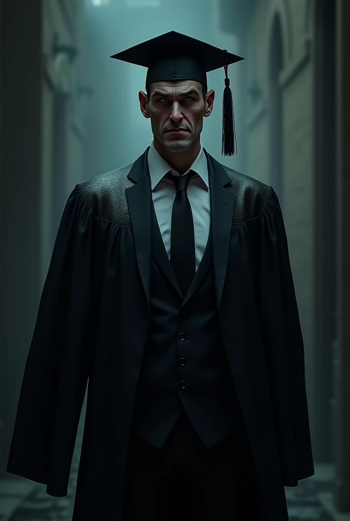 Make a man in graduation clothes who thinks he is superior and looks evil