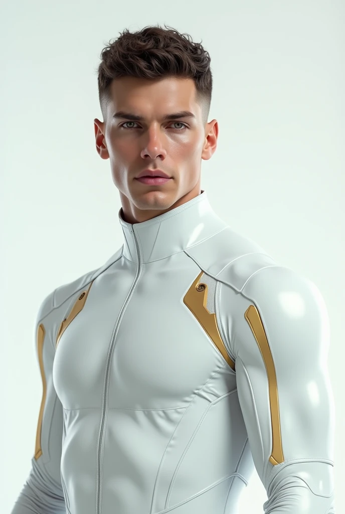 Man with short curly hair, White skin, grey eyes, defined and athletic body, White sci-fi clothing with gold details., wait, safe,