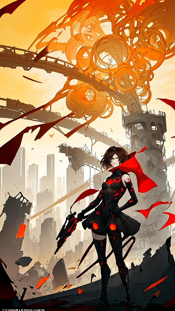Create an image of a young woman with short brown hair, wearing a red cape and gloves, standing next to a futuristic bicycle. The scene is set in a post-apocalyptic urban environment, filled with swirling yellow and orange hues that resemble leaves or debris being blown by the wind. The sky is a bright yellow, indicating a dramatic and surreal atmosphere. In the background, there are hints of city ruins and abstract shapes, emphasizing a sense of chaos and movement. The overall style should be dynamic and artistic, with a focus on the contrast between the character and the vibrant, chaotic background.
