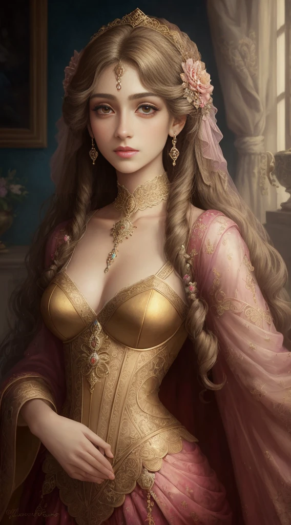 (Highest quality, 4K, 8k, High resolution, masterpiece:1.2), Very detailed, Realistic portrait of an aristocratic girl from the waist up, Exquisite facial features,Clear and bright eyes,Long curly hair details, Relaxed, natural posture,Graceful posture, The golden ratio of head and body,Dreamy atmosphere, Expressive brushwork, Mysterious atmosphere, Artistic interpretation,Delicately rolled hair,Floral Filigree Crystal Diamond Jewelry,Super ultimate detail,Exquisite detail,Fresh aesthetics,Stunningly elaborate costumes, Fantasy Illustration,
Bright colors Soft pastel colors Don't use dark colors Magical World