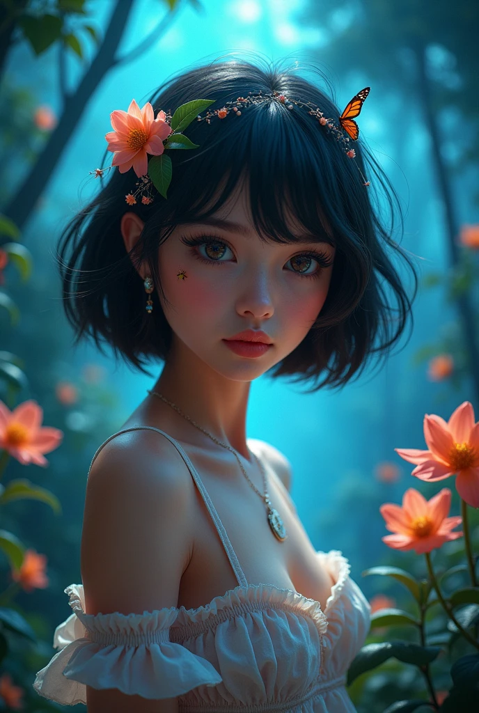 fashion photography portrait of human avatar, 1girl, in blue lush Rainforest with flowers, sci-fi, fantasy, octane render, hdr, Dolby Vision, (intricate details, hyperdetailed:1.2), (natural skin texture, hyperrealism, soft light, sharp:1.2), fluffy short hair, night, star, mix4, necklace, Mystery, (cleavage:0.8), flower headband, (stick insects, butterflies, birds)