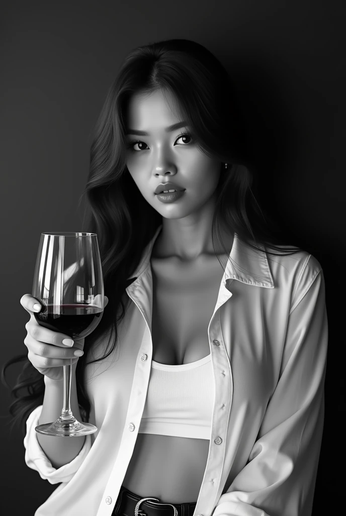 (solo, full body photo:1.3),black and white portrait, (close up) of a curvy Asian woman, seen to have sensual lips, long brown hair, wearing a white silk shirt with one button open, wearing a white tank top, posing dynamically, holding a wine glass, black plain wall background, abstract