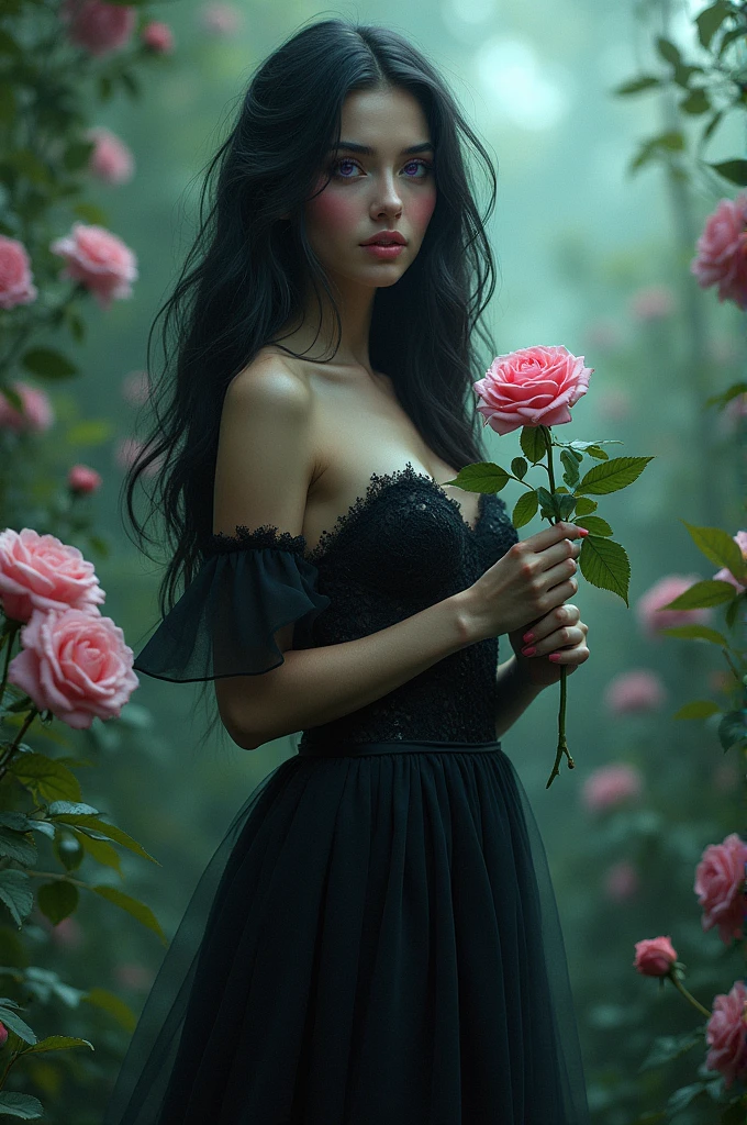 “A beautiful and charming woman with purple eyes, black hair, rose and magical powers.”