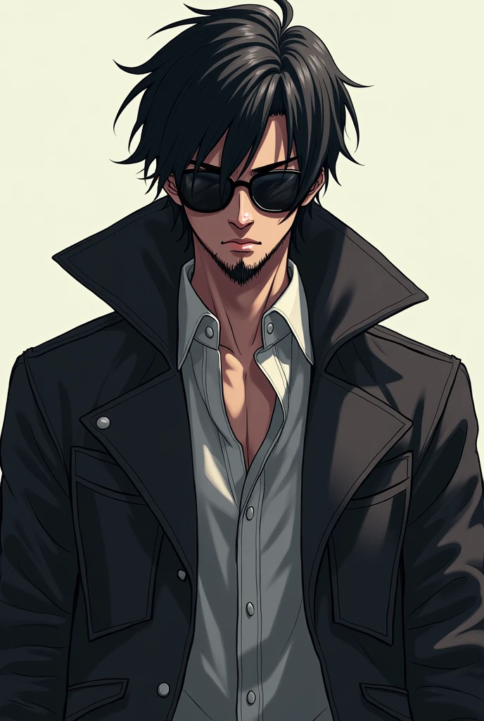 Anime guy with Black Hair, Stubble beard, wearing sunglasses and Attack on Titan Jacket. Full Body should be visible.  he must be front facing. Eyes should fully covered by the Glasses and not visible. 