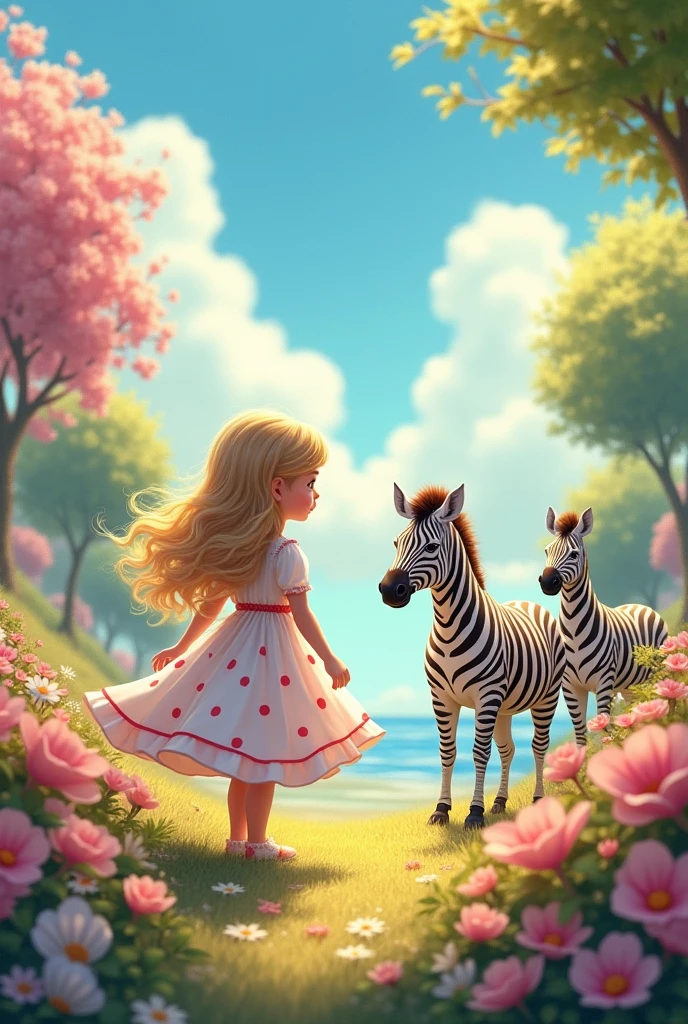 little girs with white pink dot her skirt, blond long hair, watching  2 zibras,  blue sky  warm sunlight , flower garden all around her
