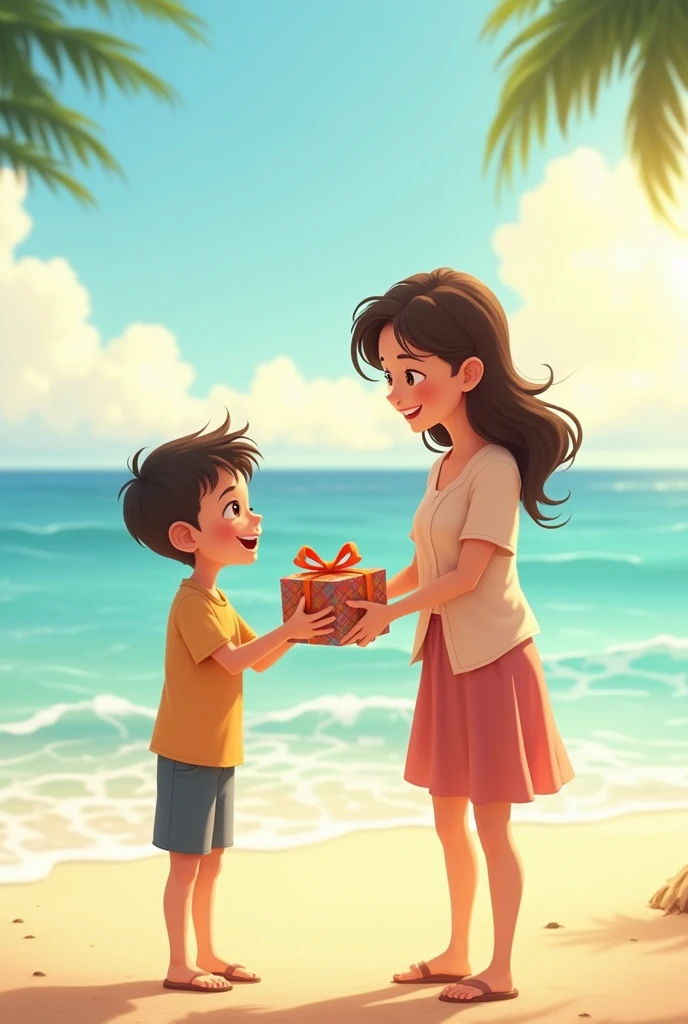 Create an animation of a son giving a gift to his mother on the beach