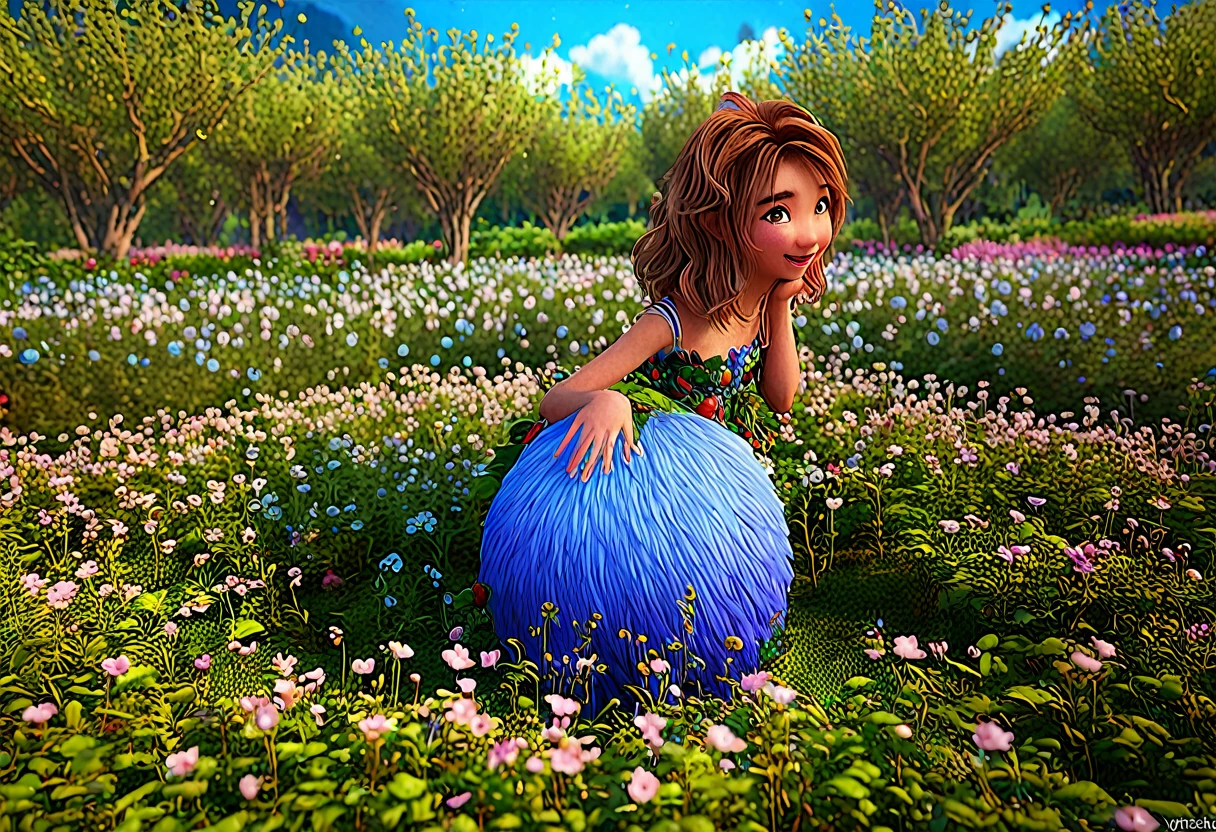 cute yuna as an adorable centaur, smiling big and playing in a flowery berry patch, Pixar style, detailed face and expression, vibrant colors, lush landscape, magical fantasy scene, soft lighting, whimsical atmosphere, award-winning digital art, highly detailed, 4k, photorealistic