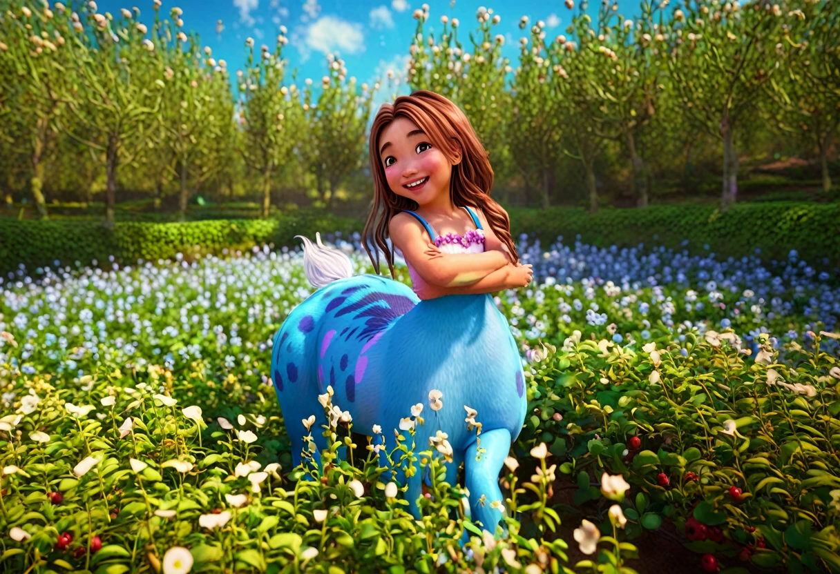 cute yuna as an adorable centaur, smiling big and playing in a flowery berry patch, Pixar style, detailed face and expression, vibrant colors, lush landscape, magical fantasy scene, soft lighting, whimsical atmosphere, award-winning digital art, highly detailed, 4k, photorealistic