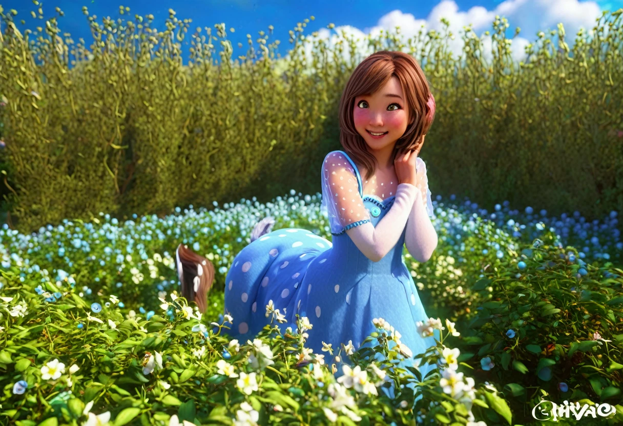 cute yuna as an adorable centaur, smiling big and playing in a flowery berry patch, Pixar style, detailed face and expression, vibrant colors, lush landscape, magical fantasy scene, soft lighting, whimsical atmosphere, award-winning digital art, highly detailed, 4k, photorealistic