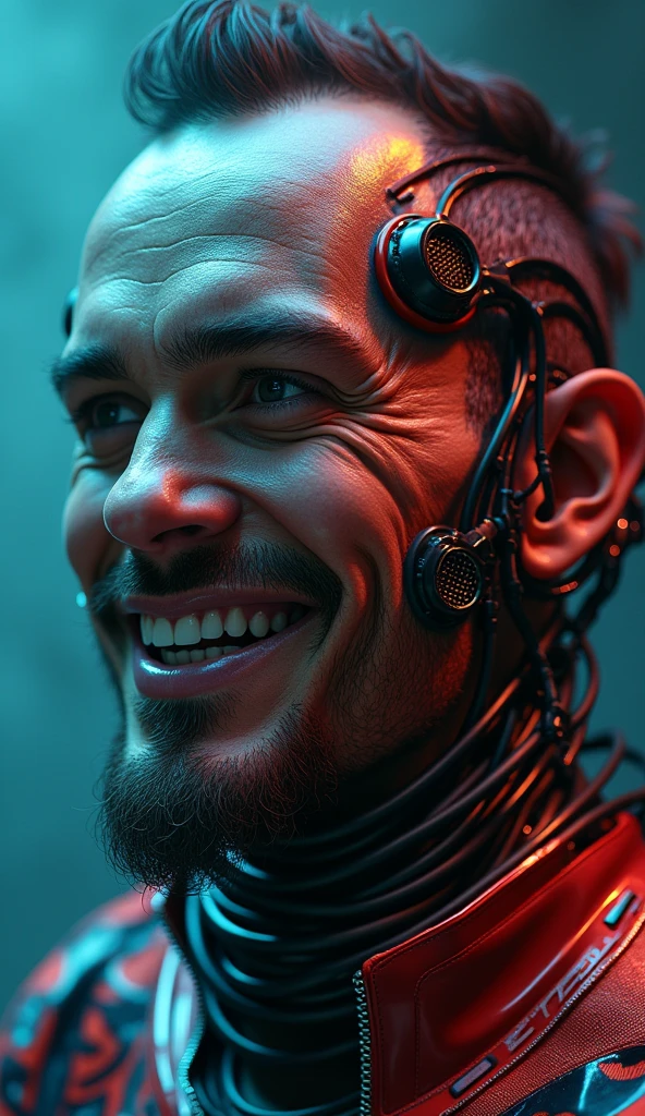 Detailed portrait cyberpunk (sks man), Futuristic neon reflective clothing, sf, Robot parts, Ismail Inceoglu、Dragan Bibin、Hans Thoma、Greg Rutkowski、Alexandros Pilomaris、Necro、René Margit、An illustration, Perfect Face, ((tattoo)), , Matte skin, pores, Wrinkle, Ultra-detailed, Surreal,, Moody lighting, Hasselblad Award Winners, Soft Diffuse Lighting, Grin,, Machine Face, The finer details, Realistic shadows, Complex, elegant,