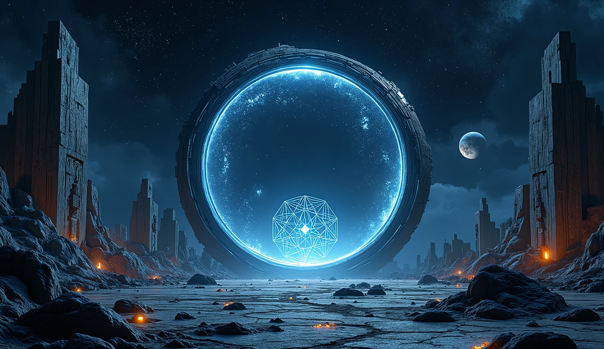A cinematic shot of an otherworldly alien landscape where ancient ruins crafted from intricate 3D geometrical shapes stand as silent sentinels of a long-forgotten civilization. In the center of the scene there is a circular glass that you can see cosmos inside. Floating geometrical 3D shapes from opal and black marble with mechanical parts on them levitating right above ground creating a mysterious vibe on the scene, glowing neon lights emerging from ground rocks illuminate the dark atmosphere. It's night time and the sky is pitch black with millions of stars and distant planets making visible the deep space. Realistic, hyperrealism, high resolution, extreme quality, volumetric lighting, extreme details, sharp details, 4k hdr