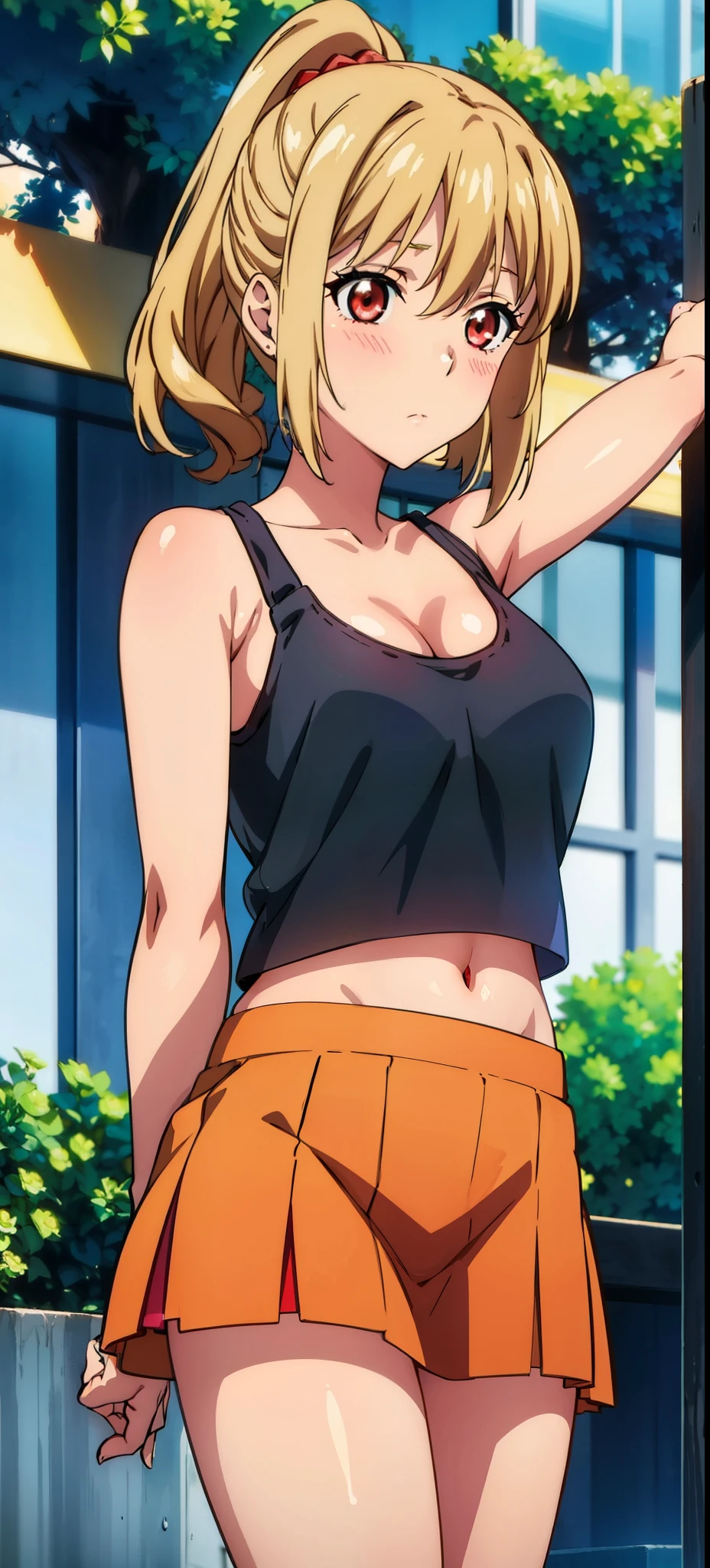 1 girl,Asagi, standing,masterpiece, cowboy_shot, red eyes, healthy skin, blushed, 20-year-old, street, cropped tank top, skirt, navel, midriff ,golden hair,