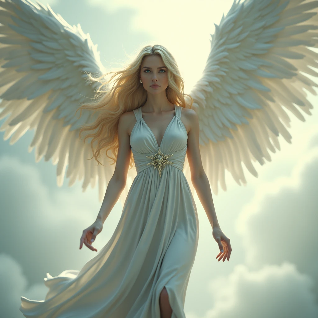 masterpiece, best quality, high quality, extremely detailed CG unit 8k wallpaper,high quality, highly detailed, Imagine a dreamlike scene with a beautifull female angel, she have Golden blonde hair and white longe wings. Longe silver dress and she have powerfull aura, she have Green eyes and gently aspect, Celestia. Full body portrait award-winning photography, Bokeh, depth of field, HDR, photorealistic, extremely detailed, trend on artstation, trend on CGsociety, Complex, High Detail, dramatic, art by midjourney