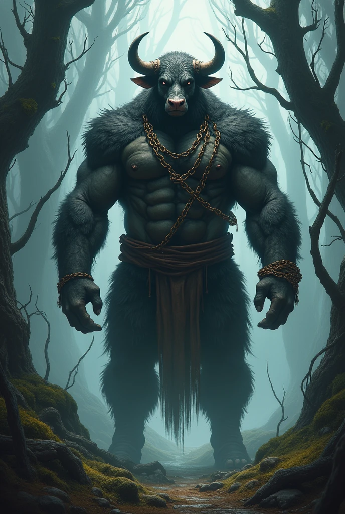 A tall and muscular humanoid creature with the features of a water buffalo, standing confidently in the middle of a mysterious forest. His thick, dark fur blends with the shadows of the dense, foggy woods. His face is strong and imposing, with large, curved horns that add to his intimidating appearance. Heavy, rusted iron chains wrap around his torso, clinking as he moves, and his hands are adorned with old, rusty iron chain bracelets. The atmosphere around him is eerie, with twisted trees and mist swirling at his feet, giving the sense of a dark and enchanted forest. The light is dim, filtered through the dense canopy above, casting haunting shadows that seem to move with him.Walking with a beautiful sexy woman without clothes