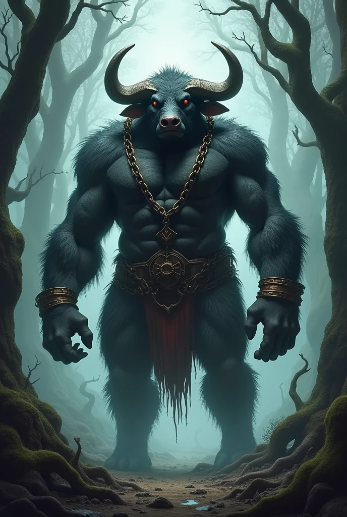 A tall and muscular humanoid creature with the features of a water buffalo, standing confidently in the middle of a mysterious forest. His thick, dark fur blends with the shadows of the dense, foggy woods. His face is strong and imposing, with large, curved horns that add to his intimidating appearance. Heavy, rusted iron chains wrap around his torso, clinking as he moves, and his hands are adorned with old, rusty iron chain bracelets. The atmosphere around him is eerie, with twisted trees and mist swirling at his feet, giving the sense of a dark and enchanted forest. The light is dim, filtered through the dense canopy above, casting haunting shadows that seem to move with him.Walking with a beautiful sexy woman without clothes