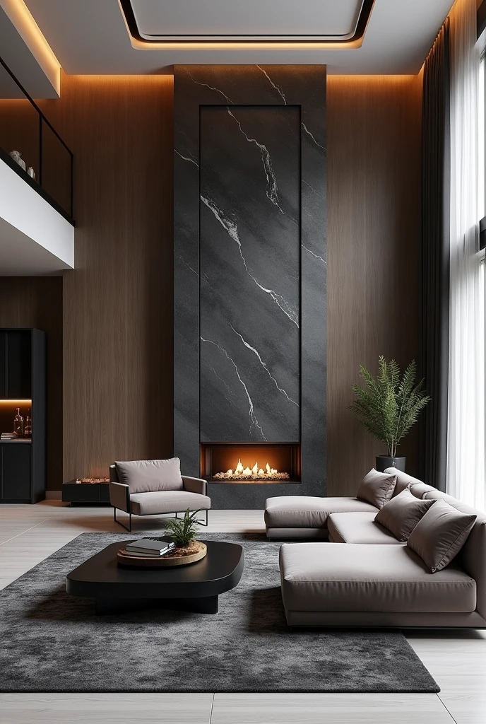 Professional 3d architecture rendering design of modern living room with so and very dark stone floranca velvet sofa set and medium flouting dark gray marble fireplace and light gray laminate and elegant and modern accessories and modern windows and black slab stone middle table and elegant and modern ceiling lighting and elegant accessories and elegant dark silk gray Persian carpet and elegant ceiling lighting