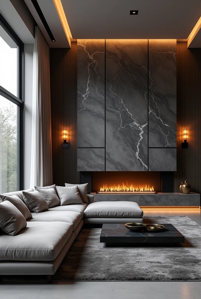 Professional 3d architecture rendering design of modern living room with so and very dark stone floranca velvet sofa set and medium flouting dark gray marble fireplace and light gray laminate and elegant and modern accessories and modern windows and black slab stone middle table and elegant and modern ceiling lighting and elegant accessories and elegant dark silk gray Persian carpet and elegant ceiling lighting