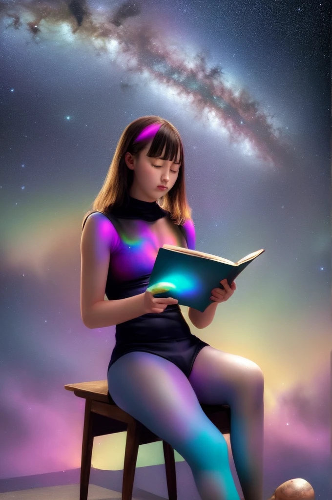 a  sitting in the performer and reading a colored shining book, Rainbow colored space nebula sky background, performer, Milky Way
