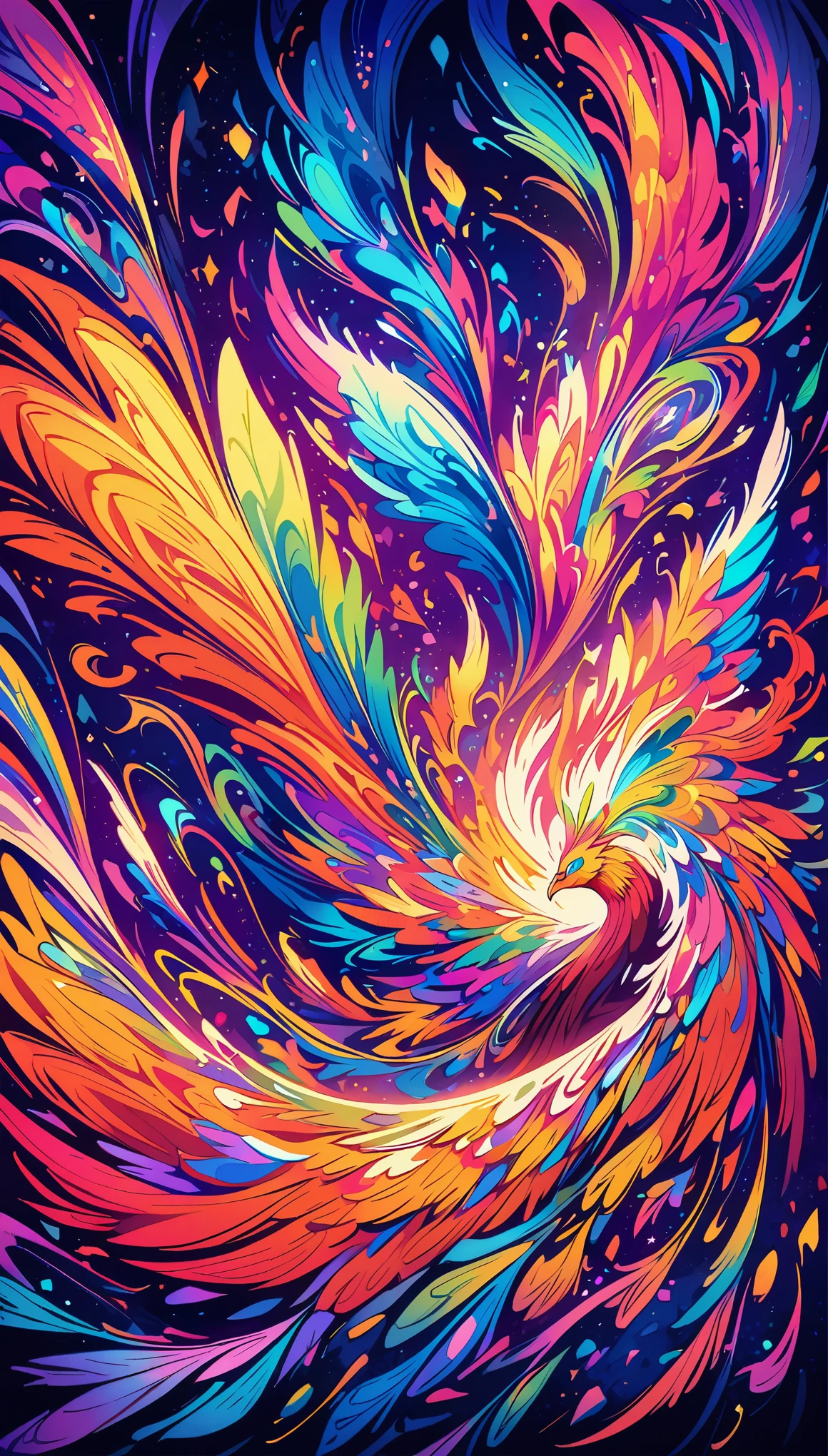 a colorful phoenix, mosaic style,zoom lens, rich colors, abstract composition, fantasy atmosphere, dreamlike emotion,