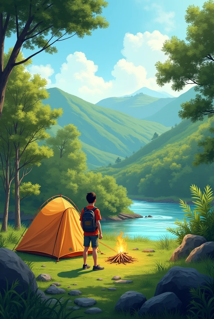 Realistic illustration of a camp with a tent in a valley , in a field with vegetation and grass where you can see on the right side a part of a large river with stones on its edge and molle trees, Sauces, alder and eucalyptus, etc around, with green hills and with a young man from the Pathfinders Club of the Seventh-day Adventist Church, and a bonfire on the side dying out 