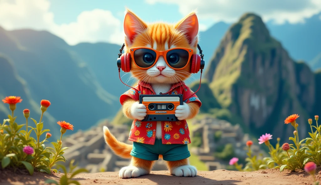 1920x1080 16:9 Perfect Centering, Cute kitten, Wear Aloha, Wear sunglasses, Wearing headphones and holding a cassette tape, Standing position, Abstract Beauty, Centered, Looking into the camera, To the camera, Near perfect, dynamic, Machu Picchu in Rio、Very detailed, Digital Painting, artステーション, コンセプトart, Smooth, Sharp focus, 8k, High resolution, shape, art：Karn Griffiths and Vadim Kashin, world heritage
