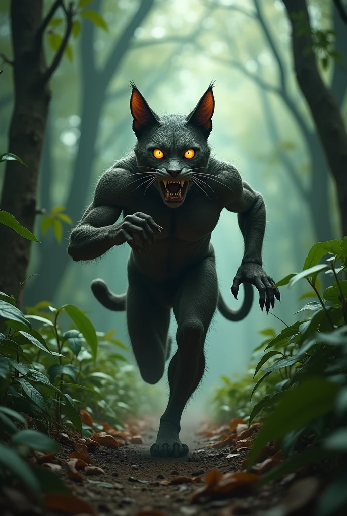 Catman Glances Back**
- Scene: A narrow jungle path, scattered leaves flying.
- Character: Catman, still running but glancing back with fear in his glowing eyes.
- Action: His expression shows worry as the zombie closes in on him.