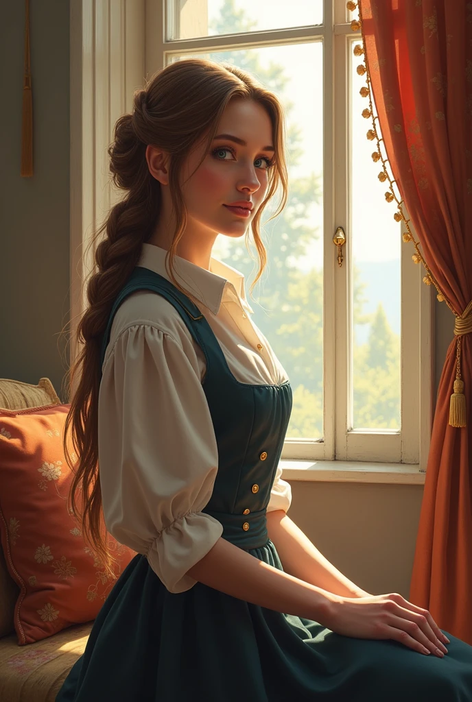 A realistic cover for a fantasy romance novel with the title words “Beneath the Kingdom’s Shadow”: In a utopian sci-fi fantasy world, Faye, around age 27, is tall, friendly face, large blue eyes, long very light brown hair in a braid, she has modest formal but simple uniform that shows she is a staff member in a palace. She is a handmaiden to Lady Tristin. Backdrop is a cozy window seat  in a palace.