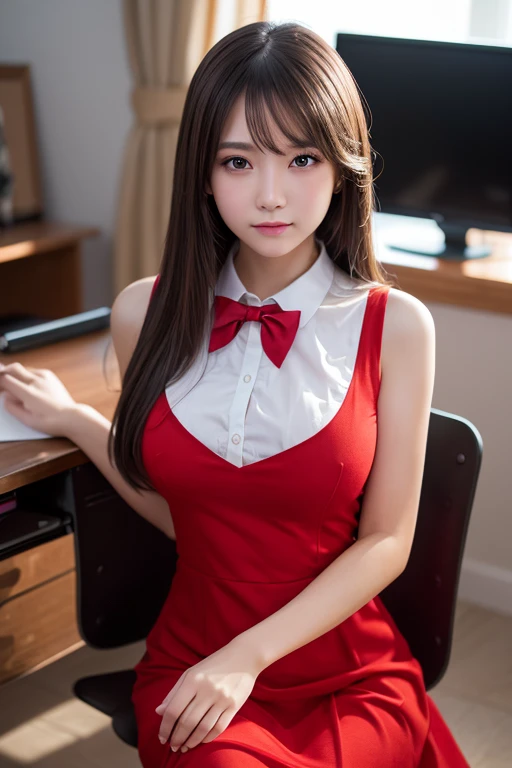 最high quality, masterpiece, High resolution, One girl, high school girl,uniform,Sit at a desk,Beautiful Face,On top of that_body,sexy, Tyndall effect,Realistic, Dark studio, Rim Light, Two-tone lighting,(Skin with attention to detail:1.2), 8k uhd, Digital SLR, Soft lighting, high quality, Volumetric lighting, Frank, photograph, High resolution, 4K, 8k, Bokeh,Girl in a red dress