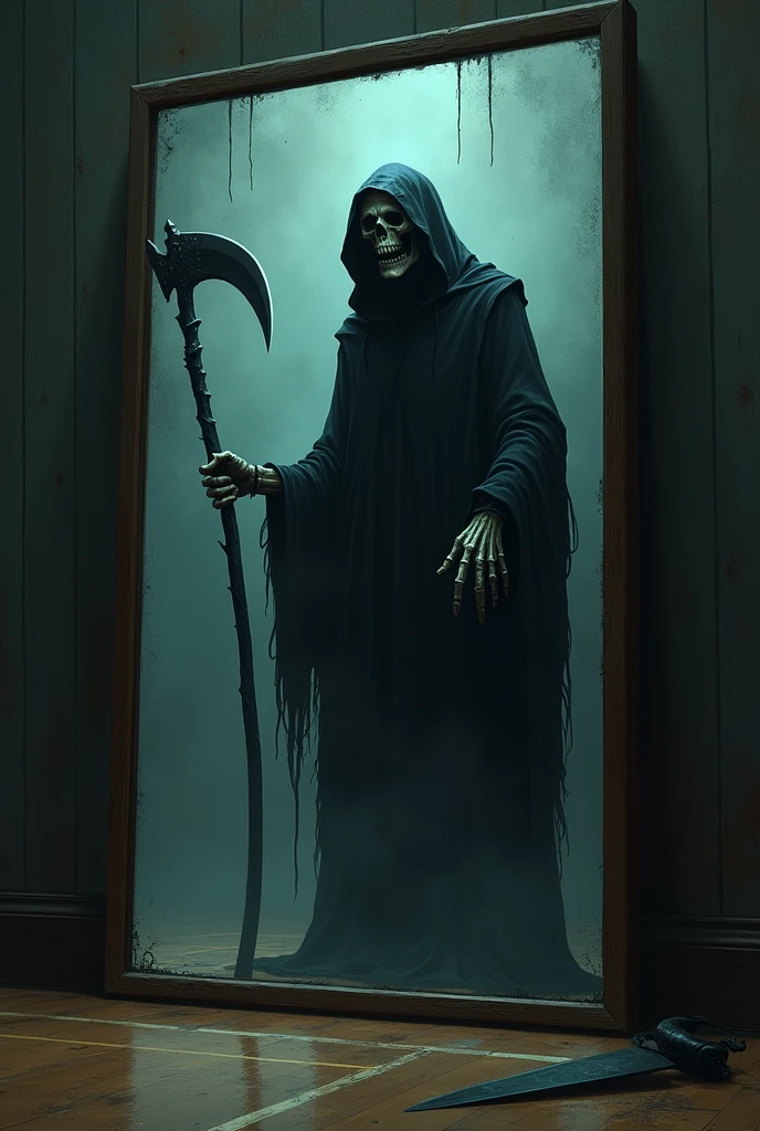 the grim reaper's shadow reflection in a gym's mirror, nightmare