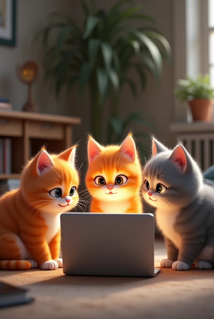 Some cats, two orange and the other two gray, are looking at the computer and then they start to get attracted to the laptop.