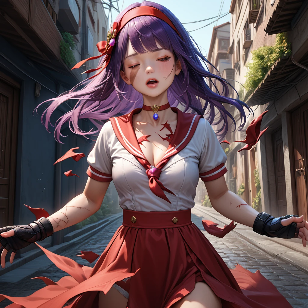 (best quality, masterpiece), very aesthetic, absurdres, high res, detailed face, realistic, Ray Tracing, 1girl, AthenaKOFXIV, red hairband, hair ribbon, purple hair, red choker, serafuku, pearl (gemstone), short sleeves, red skirt, fingerless gloves, medium breasts, cleavage, [black thigh-highs], white panties, frilled bra, textured skin, (injury skin, scar skin, bleeding skin), (Exploding Clothes, torn clothes, cloth pieces, torn skirt:1.25), BREAK nsfw, Guarding, (one eye Closed), tears, sigh, blush, sweat, saliva trail, wind lift, (outdoors, alley), cinematic lighting, diffraction spikes, three quarter view, Panty shot,