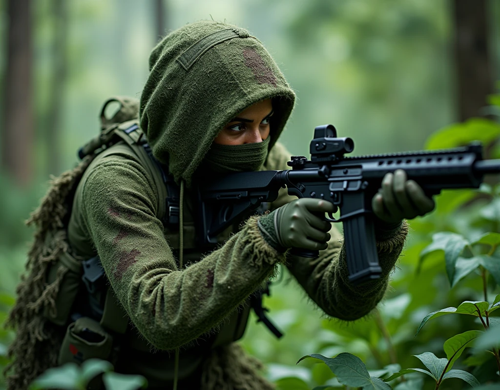 Priyanka Chopra as assassin, wearing wearing full ghillie suit, wearing full face scarf, wearing gloves, in jungle area, full body view, doing a stealth attack on enemy soldier,