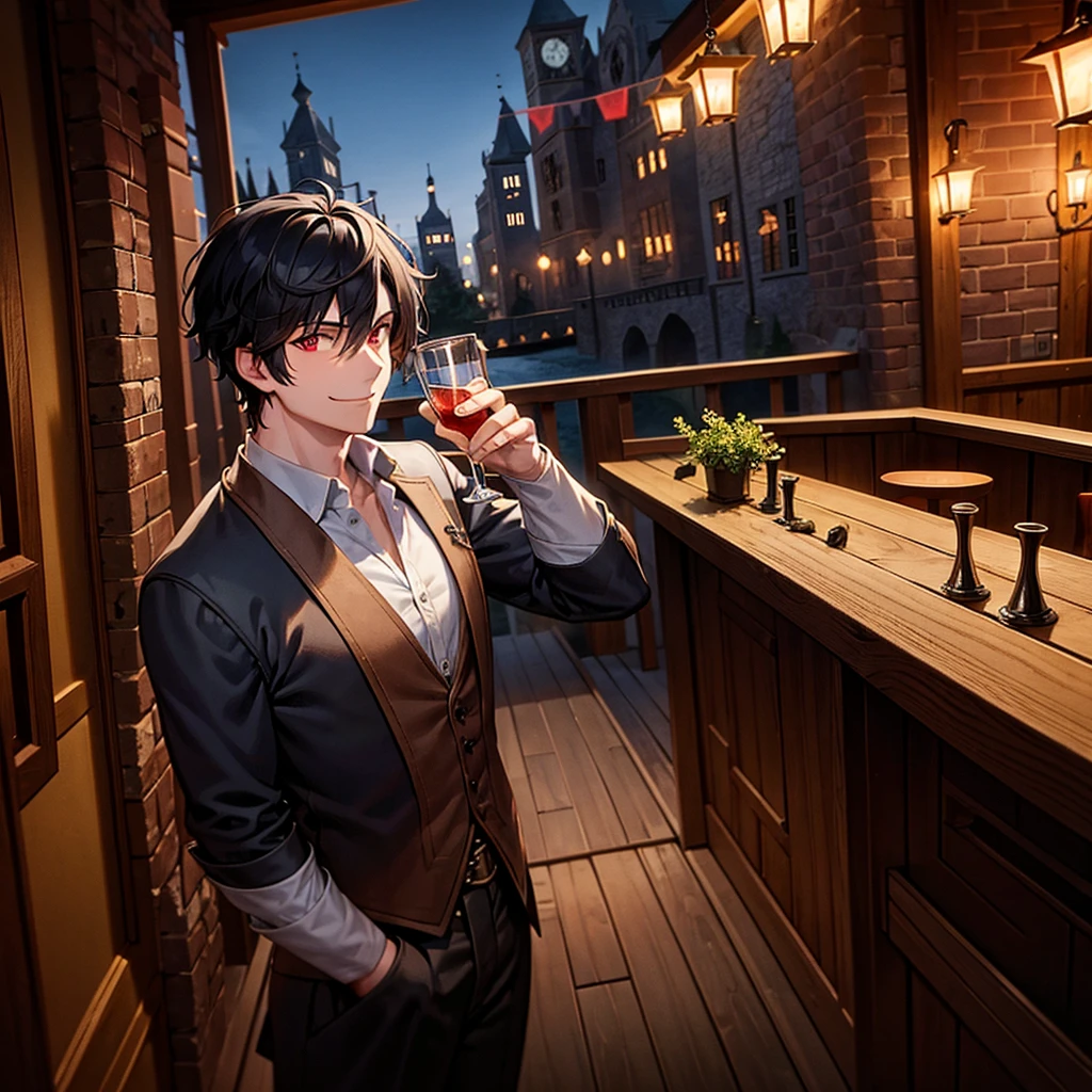 Late Night　A magnificent medieval tavern　A male adventurer in his 30s with short black hair and red eyes, smiling as he waits for his friend to return with his drinks　Vision