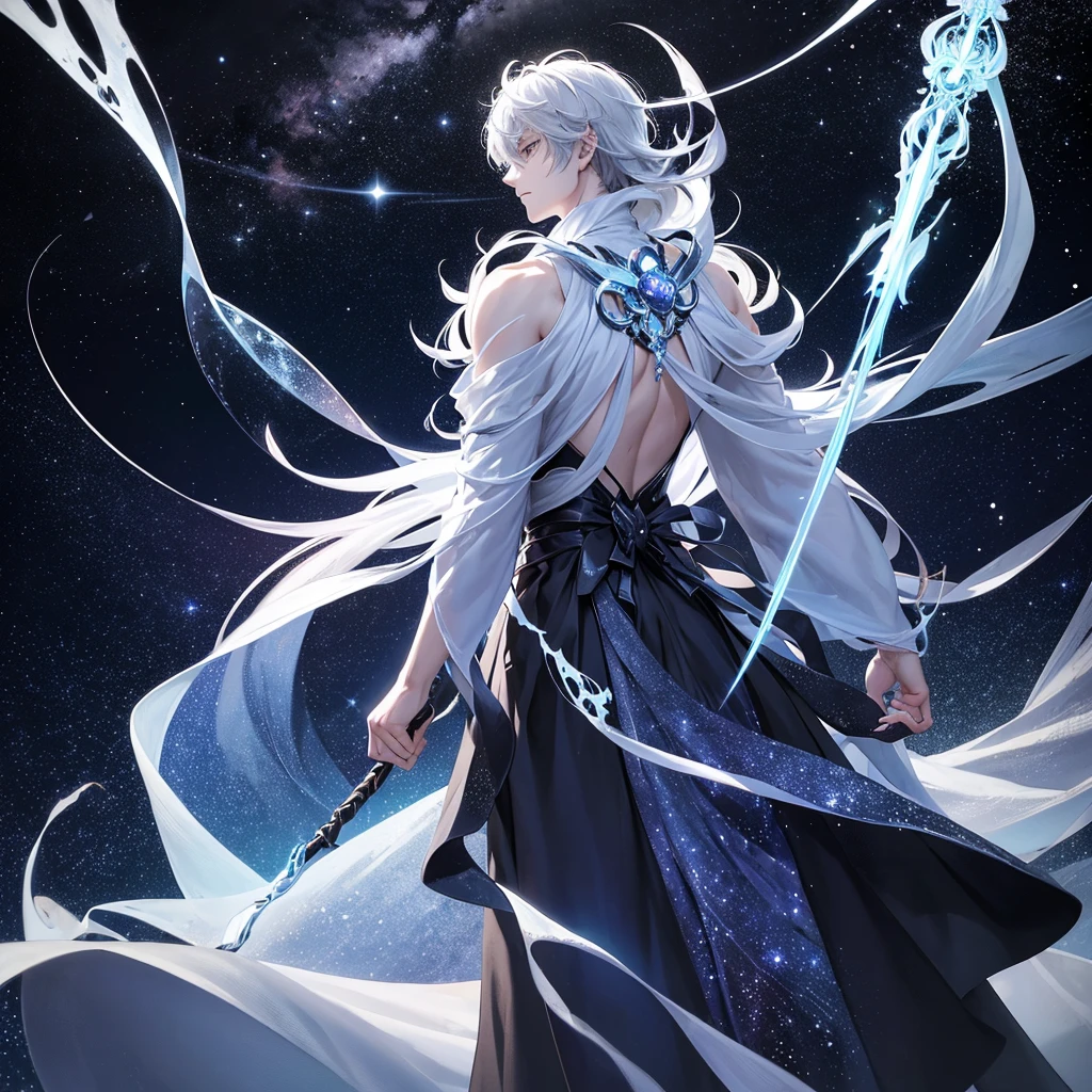 

"Create an anime-style depiction of Genos, the alien Spacefaring Wanderer, a celestial spirit with a mysterious and ancient aura. He has a tall and slender build, with smooth, metallic silver skin that glows faintly under starlight. His eyes are deep voids of shimmering galaxies, filled with a calm, infinite wisdom. Genos wears a long, flowing robe made of dark, ethereal fabric that seems to contain constellations and nebulae, swirling slowly as he moves. His hair is a flowing, luminescent white, cascading like liquid stardust down his back. He wields a staff that resembles a fragment of an ancient, cosmic tree, with branches that reach out, holding small, glowing orbs representing distant planets. The background should depict a serene, star-filled cosmos, with distant planets and astral phenomena adding to the sense of his eternal journey through the universe."